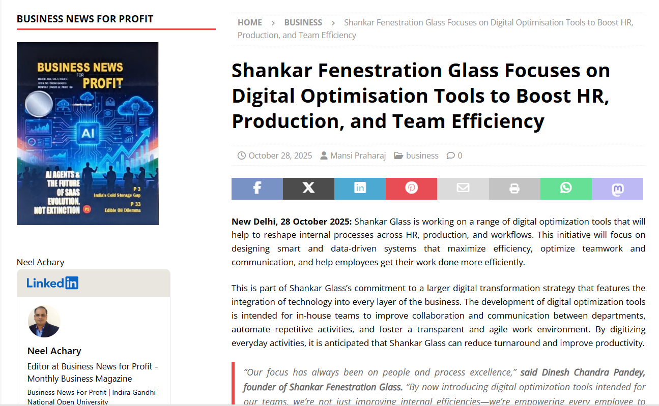 Shankar Fenestration Glass Focuses on Digital Optimisation Tools to Boost HR, Production, and Team Efficiency